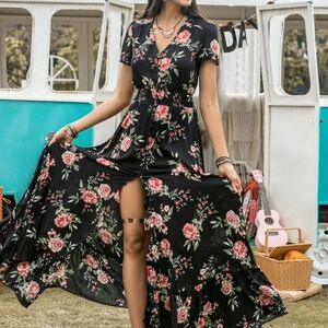 Chic Floral Black Maxi Dress